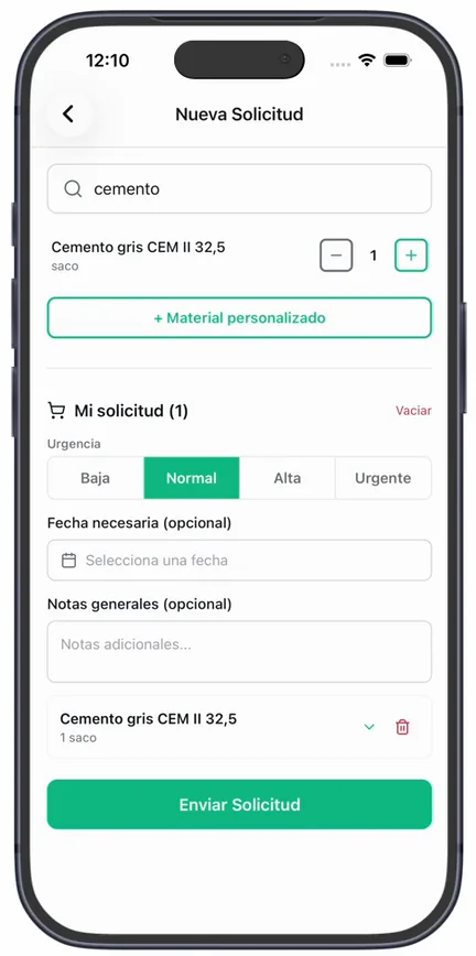 «Mi solicitud (1)» con la urgencia, la fecha necesaria, las notas generales, el material añadido y el botón «Enviar Solicitud»