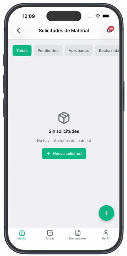 La pantalla «Solicitudes de Material», todavía vacía, con los filtros «Todas», «Pendientes», «Aprobadas» y el botón «Nueva solicitud»