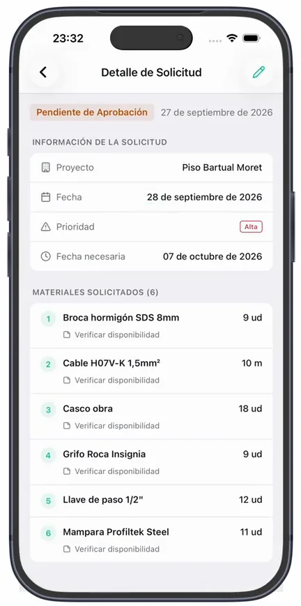 El «Detalle de Solicitud», con la obra, la fecha, la «Prioridad», la «Fecha necesaria» y los «Materiales solicitados» con sus cantidades