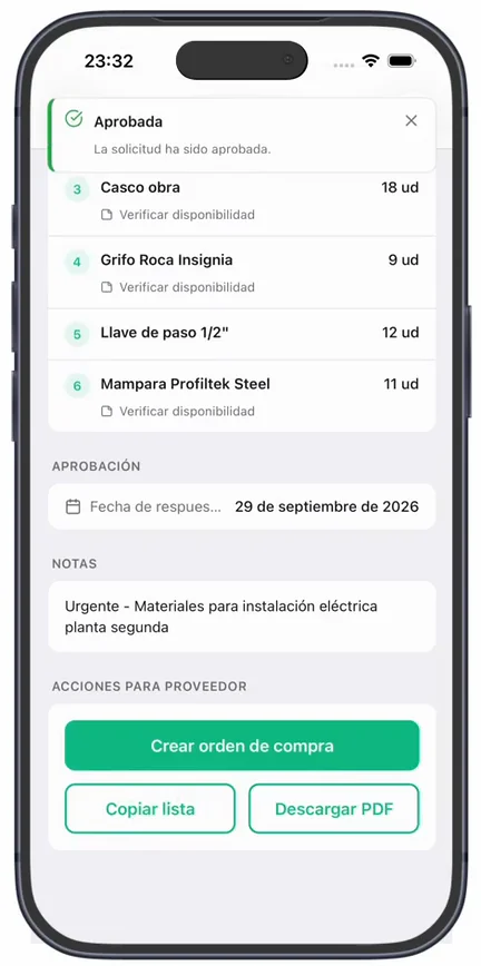 La solicitud ya aprobada, con la fecha de respuesta y las «Acciones para proveedor»: «Crear orden de compra», «Copiar lista» y «Descargar PDF»