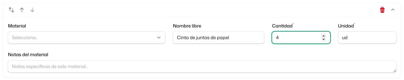 Una línea añadida a mano en la edición del pedido: «Nombre libre» «Cinta de juntas de papel», «Cantidad» 4 y «Unidad» ud