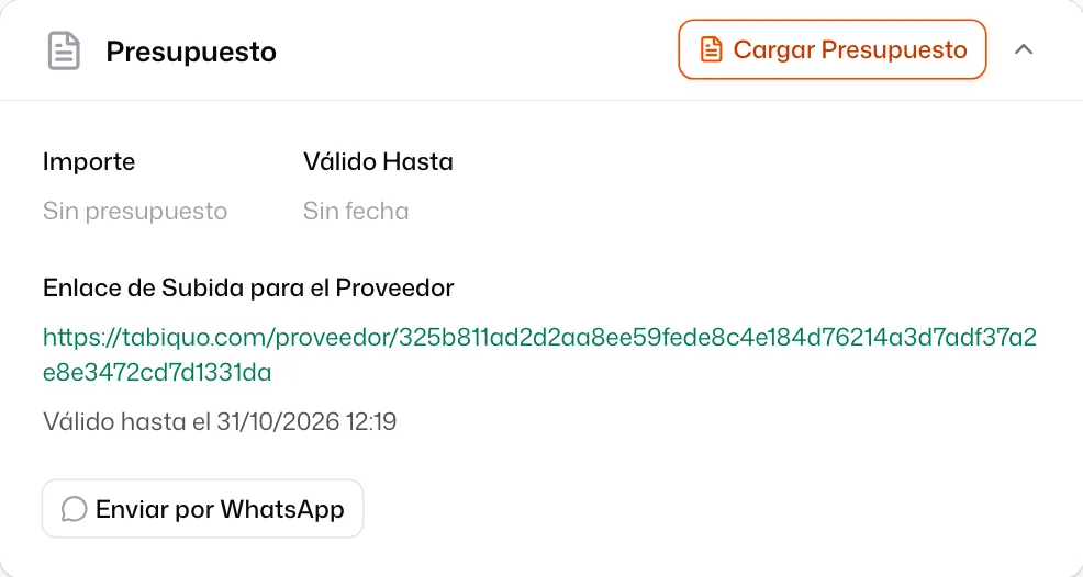 La sección «Presupuesto» de la orden ya enviada, con el «Enlace de Subida para el Proveedor», su fecha de caducidad y «Enviar por WhatsApp»