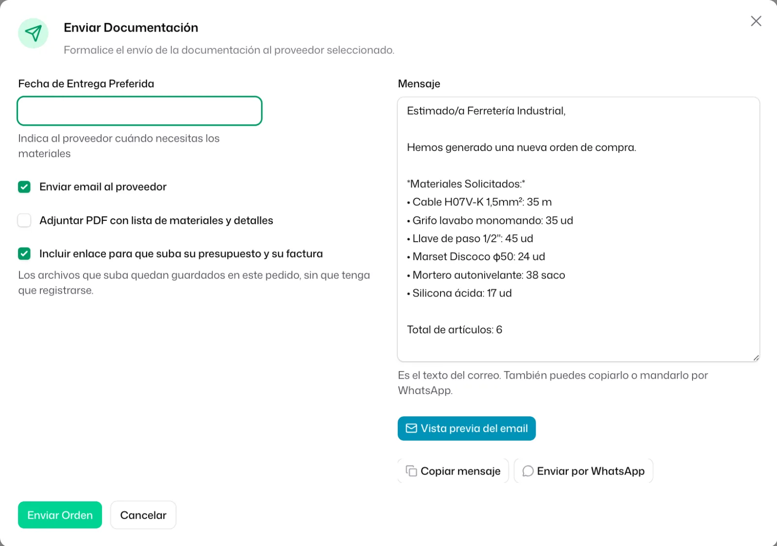 La ventana «Enviar Documentación»: «Fecha de Entrega Preferida», las casillas «Enviar email al proveedor», «Adjuntar PDF con lista de materiales y detalles» e «Incluir enlace para que suba su presupuesto y su factura», y el «Mensaje» con «Copiar mensaje» y «Enviar por WhatsApp»