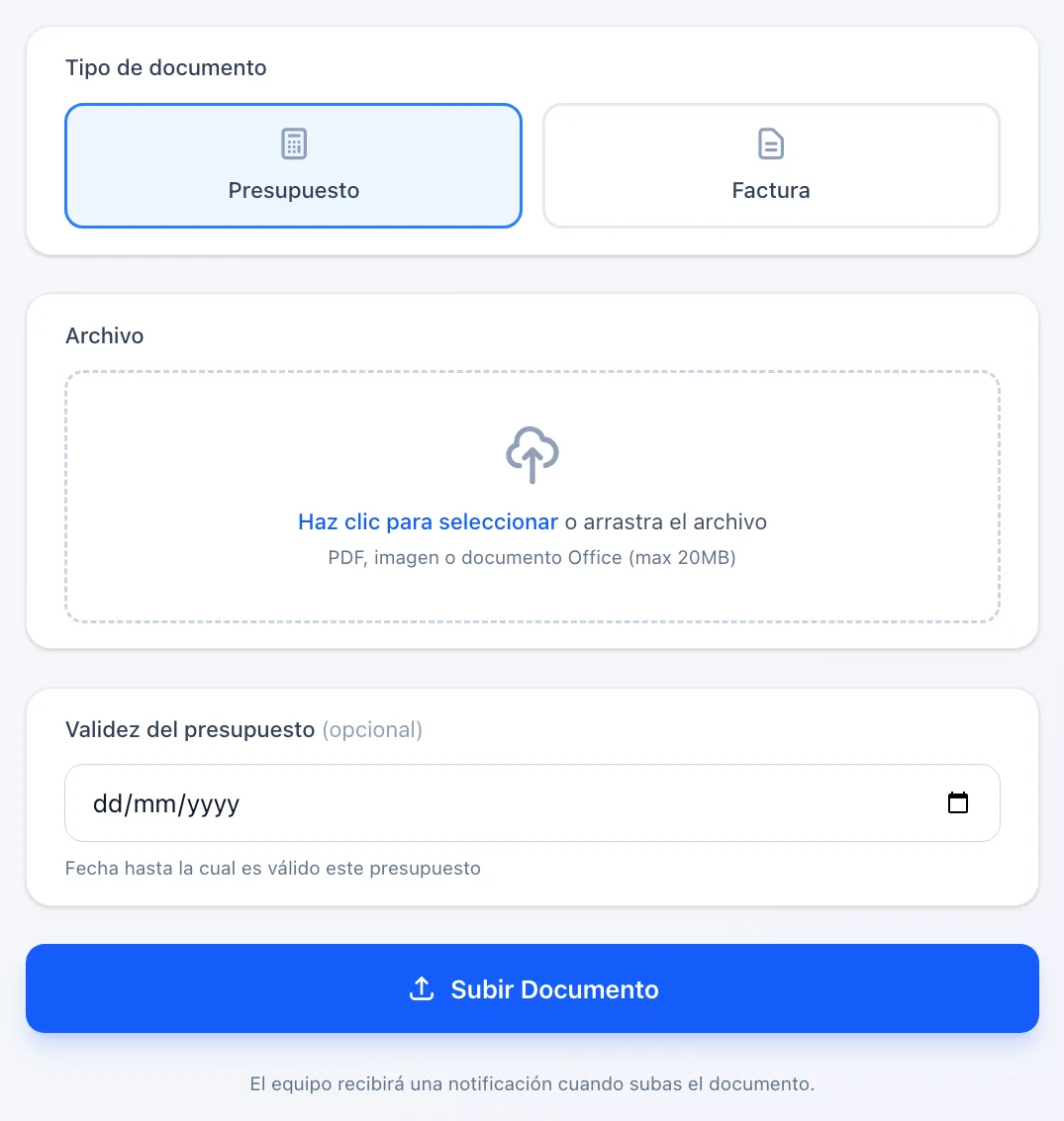 Lo que ve el proveedor al abrir el enlace: «Tipo de documento» «Presupuesto» o «Factura», el «Archivo», la «Validez del presupuesto» y el botón «Subir Documento»