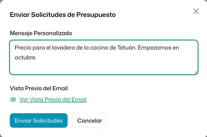 La ventana «Enviar Solicitudes de Presupuesto» con un «Mensaje Personalizado» escrito y el botón «Enviar Solicitudes»