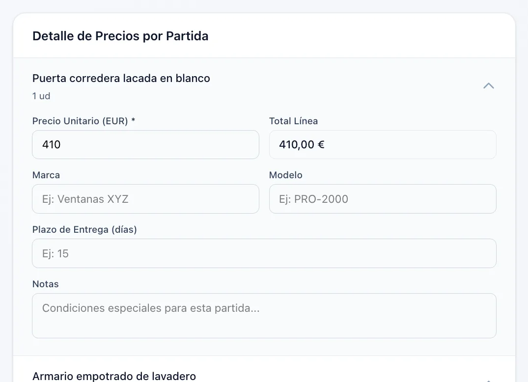 La página que abre la empresa: «Detalle de Precios por Partida», con la partida, su medición y el «Precio Unitario (EUR)» ya rellenado