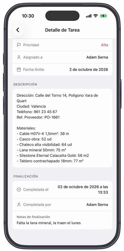 La recogida completada, con el aviso «Tarea completada» y la sección «Finalización»: «Completada el», «Completada por» y la nota
