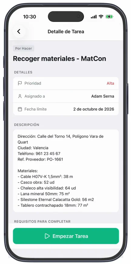 El «Detalle de Tarea» de la recogida: prioridad «Alta», la dirección y el teléfono del proveedor, la «Ref. Proveedor», la lista de materiales y el botón «Empezar Tarea»