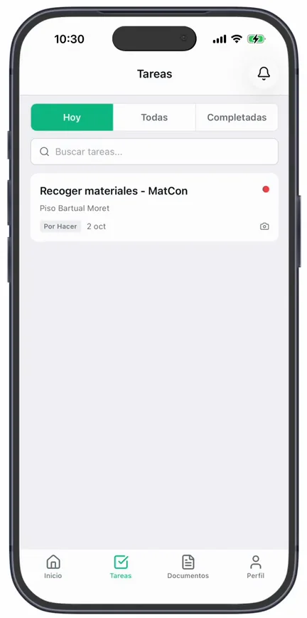 La pestaña «Tareas» en «Hoy», con la tarea «Recoger materiales - MatCon» de la obra Piso Bartual Moret, «Por Hacer»
