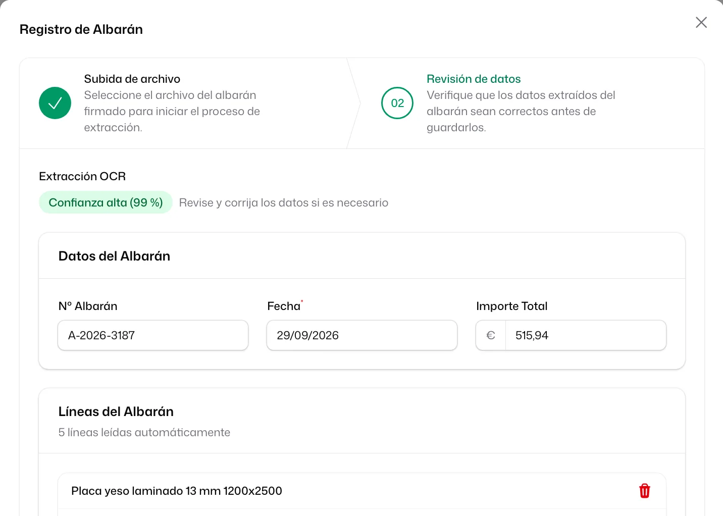 El paso «Revisión de datos»: «Confianza alta (99 %)», y en «Datos del Albarán» el «Nº Albarán», la «Fecha» y el «Importe Total» leídos