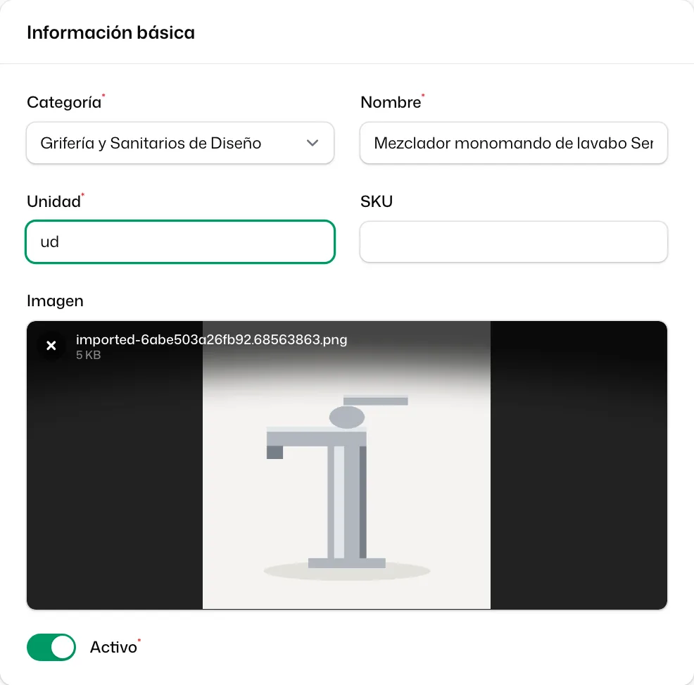 La sección «Información básica» ya repasada: «Categoría», «Nombre», «Unidad» corregida a «ud», la «Imagen» traída de la web y «Activo»