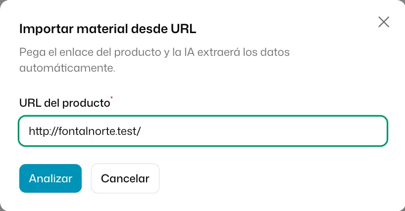 La ventana «Importar material desde URL» con el enlace pegado en «URL del producto» y el botón «Analizar»