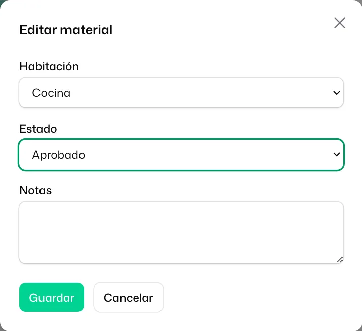 La ventana «Editar material» con la «Habitación», el «Estado» cambiado a «Aprobado» y las «Notas»