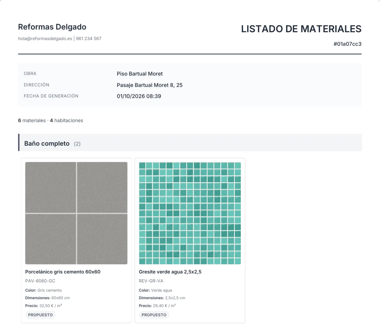 La primera página del PDF «Listado de Materiales»: los datos de la obra y la estancia «Baño completo» con la foto, la referencia, el color, las dimensiones, el precio y el estado de cada material