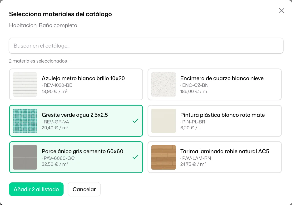 El selector «Selecciona materiales del catálogo» para «Habitación: Baño completo», con dos materiales marcados y el botón «Añadir 2 al listado»
