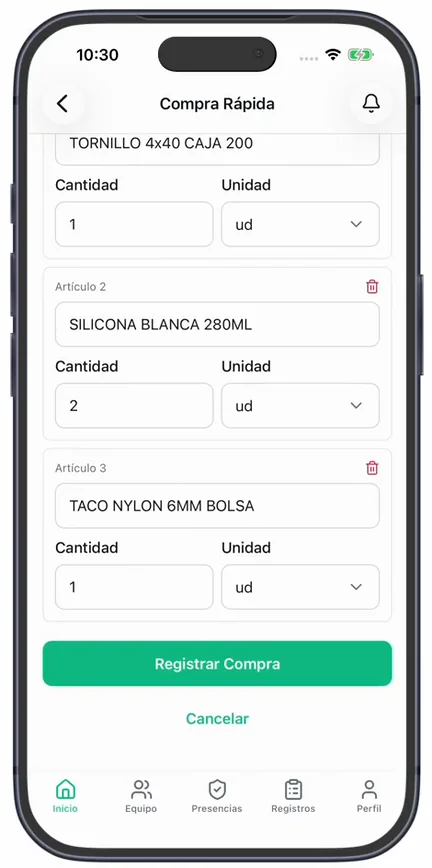 Los artículos leídos del ticket, cada uno con su «Cantidad» y su «Unidad», y el botón «Registrar Compra»