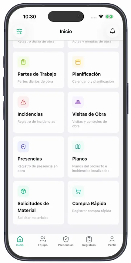 El inicio de la app con los accesos de la obra, entre ellos «Solicitudes de Material» y «Compra Rápida»