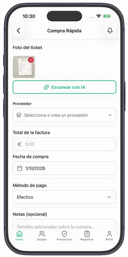 La pantalla «Compra Rápida» con la foto del ticket ya adjunta y el botón «Escanear con IA»