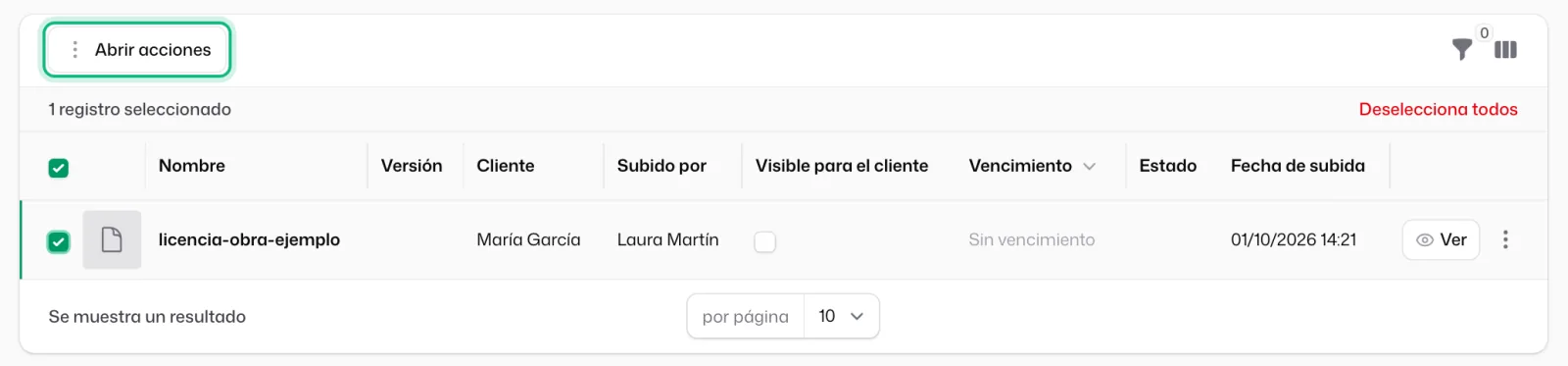 Un archivo marcado en la tabla de la categoría, con «1 registro seleccionado» y el botón «Abrir acciones» arriba