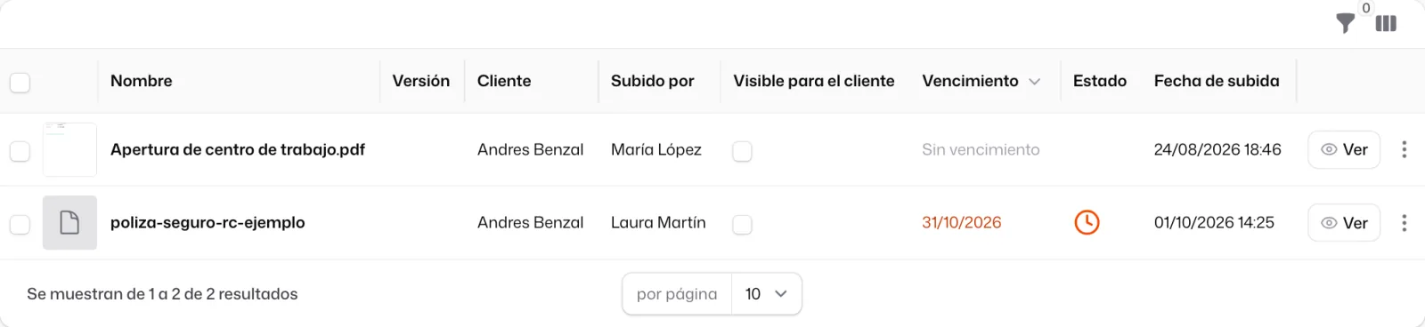 La fila de la póliza en la lista de la categoría: «Vencimiento» 31/10/2026 en naranja y el icono de reloj en «Estado»
