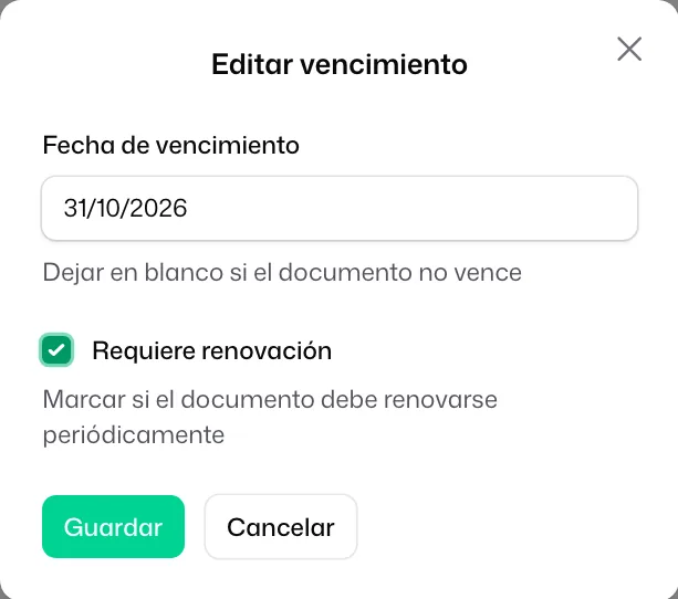 La ventana «Editar vencimiento» con la «Fecha de vencimiento» puesta y la casilla de renovación periódica marcada