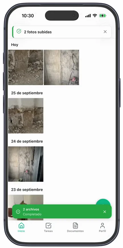 La carpeta «Avance de obra» con el aviso «2 fotos subidas» y las dos fotos nuevas en «Hoy»