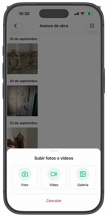 La hoja «Subir fotos o vídeos» con las tres opciones: «Foto», «Vídeo» y «Galería»