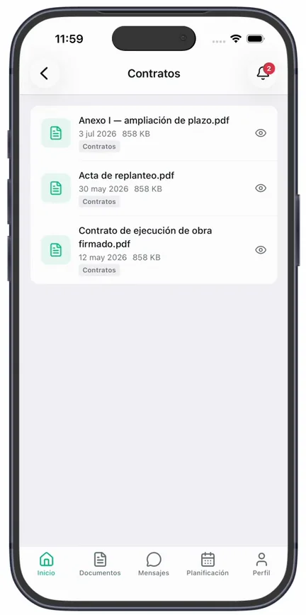Los archivos de la categoría «Contratos», cada uno con su fecha, su tamaño y el icono del ojo para verlo