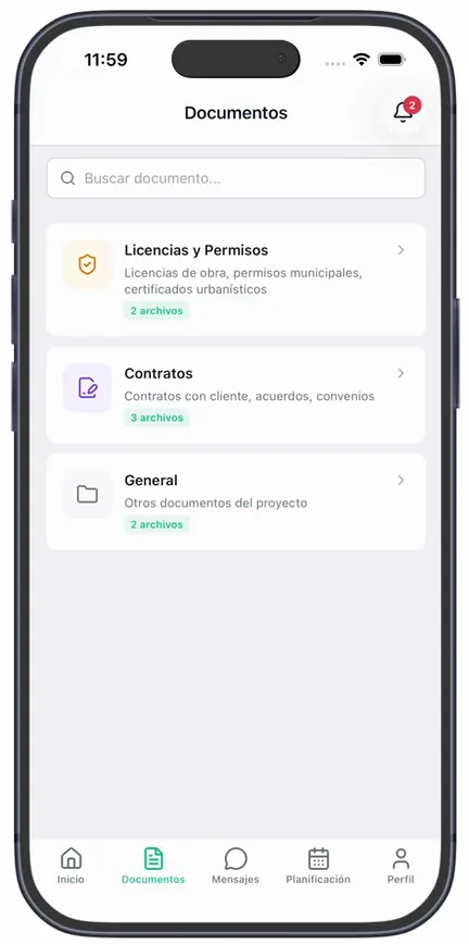 La pantalla «Documentos», con el buscador «Buscar documento...» y las categorías «Licencias y Permisos», «Contratos» y «General» con su número de archivos