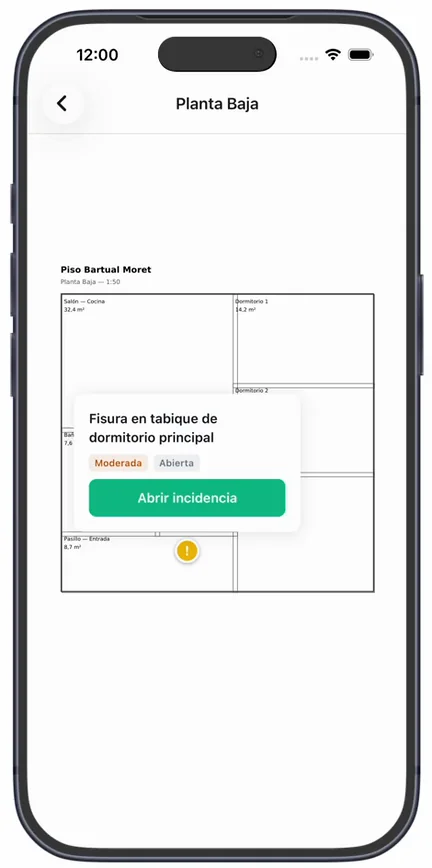 El plano abierto con la chincheta de una incidencia y su ficha, con la gravedad «Moderada», el estado «Abierta» y el botón «Abrir incidencia»