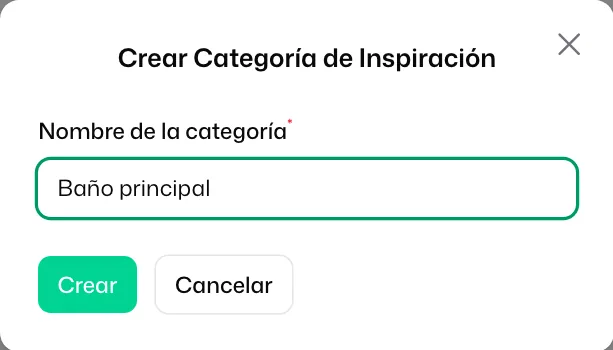 La ventana «Crear Categoría de Inspiración» con «Nombre de la categoría» y el botón «Crear»