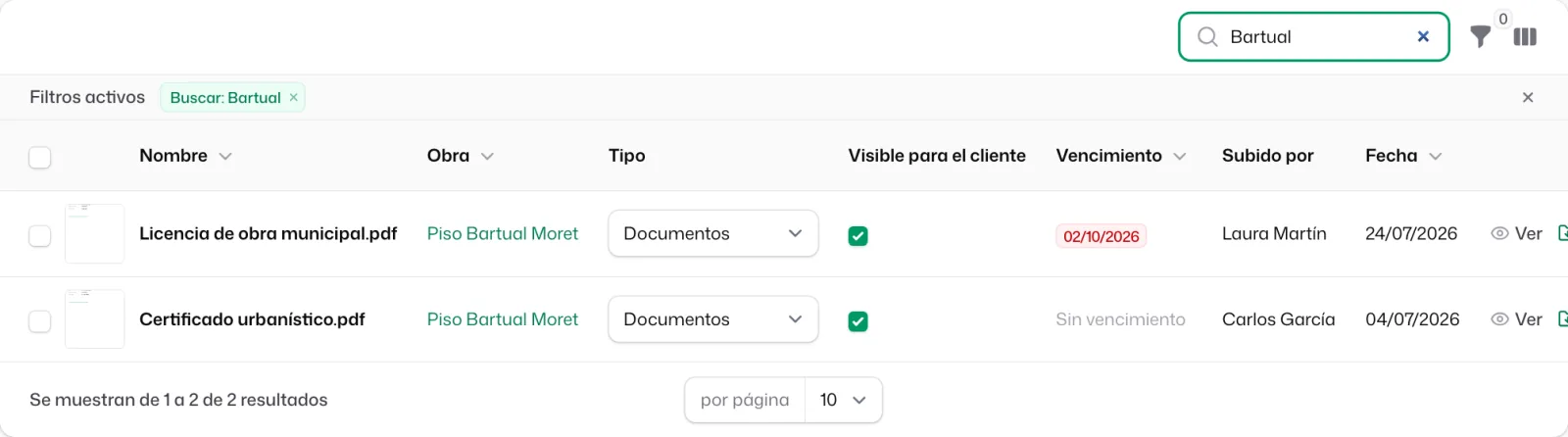 La tabla de «Licencias y Permisos» con «Bartual» en el buscador: quedan los dos documentos de la obra Piso Bartual Moret