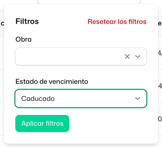 El panel «Filtros» de la tabla con «Obra» y «Estado de vencimiento» en «Caducado», y el botón «Aplicar filtros»