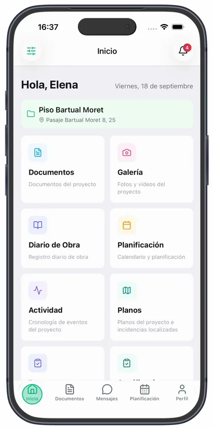 El «Inicio» del cliente, con su obra arriba y los accesos «Documentos», «Galería», «Diario de Obra», «Planificación», «Actividad» y «Planos»