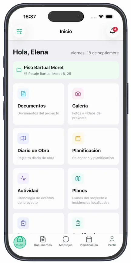 La barra inferior del cliente, con sus cinco pestañas: «Inicio», «Documentos», «Mensajes», «Planificación» y «Perfil»