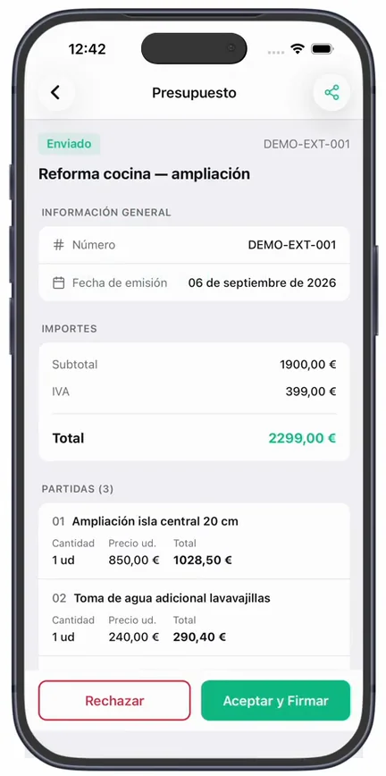 La pantalla «Presupuesto» en estado «Enviado», con la información general y los importes: subtotal, IVA y total