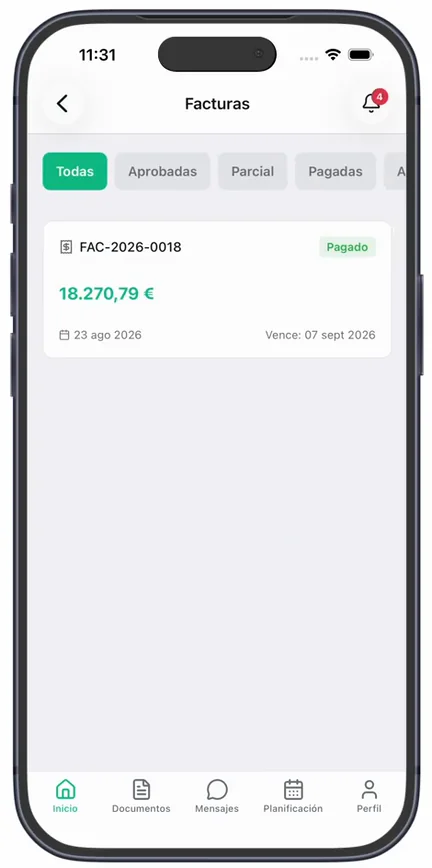 La lista «Facturas» con los filtros «Todas», «Aprobadas», «Parcial», «Pagadas» y una factura «Pagado» con su total y su vencimiento
