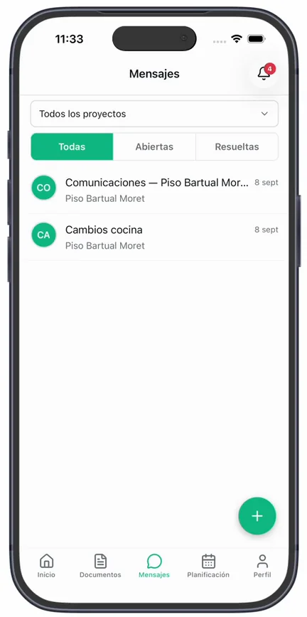 La pestaña «Mensajes» del cliente con los filtros «Todas», «Abiertas» y «Resueltas», y las comunicaciones de su obra