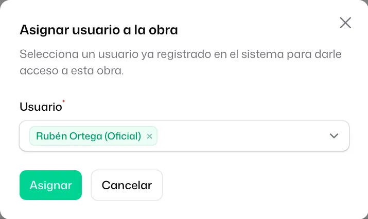 La ventana «Asignar usuario a la obra» con «Rubén Ortega (Oficial)» elegido en «Usuario» y el botón «Asignar»