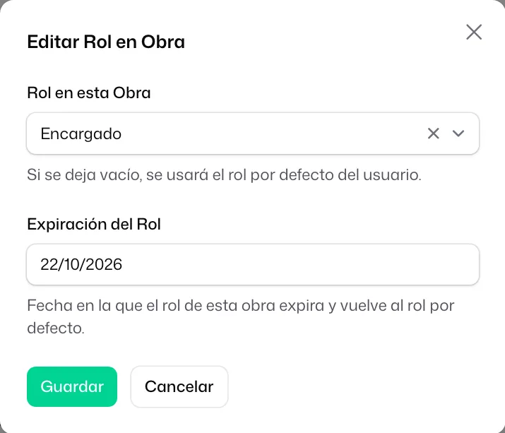 La ventana «Editar Rol en Obra» con «Encargado» en «Rol en esta Obra» y una fecha en «Expiración del Rol»