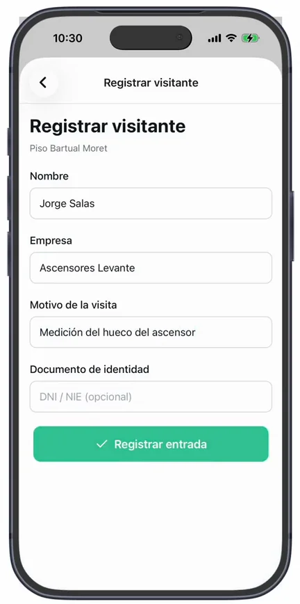 La pantalla «Registrar visitante» rellena: «Nombre», «Empresa», «Motivo de la visita», «Documento de identidad» opcional y el botón «Registrar entrada»