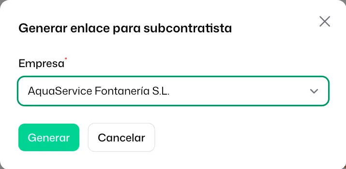 La ventana «Generar enlace para subcontratista» con «AquaService Fontanería S.L.» elegida en «Empresa» y el botón «Generar»