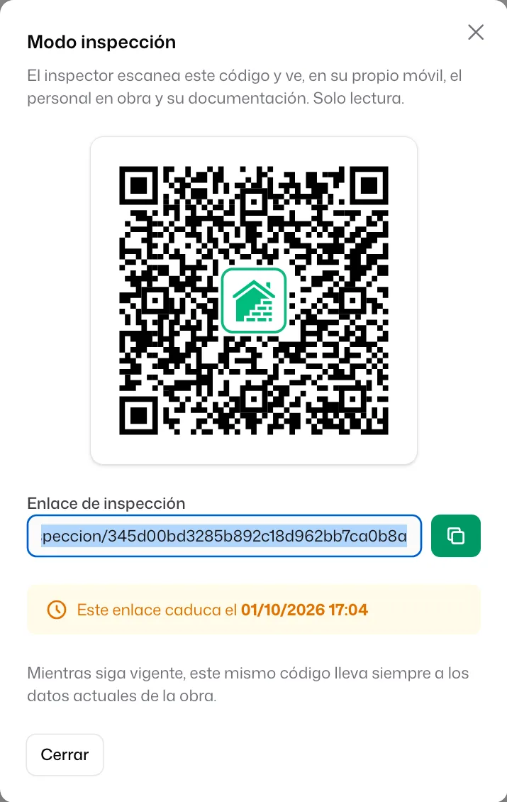 La ventana «Modo inspección»: el código QR, el «Enlace de inspección» con su botón de copiar y el aviso «Este enlace caduca el…» con la fecha y la hora