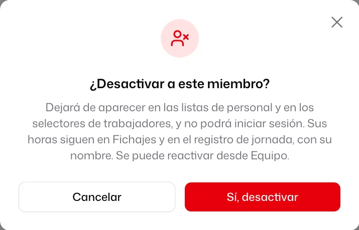 La ventana «¿Desactivar a este miembro?» que explica que sus horas siguen en Fichajes y en el registro de jornada, con el botón «Sí, desactivar»