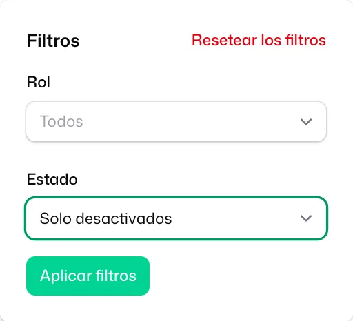 El panel «Filtros» de Equipo con «Solo desactivados» elegido en «Estado» y el botón «Aplicar filtros»
