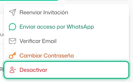El menú «Gestionar cuenta» de la ficha abierto, con «Desactivar» señalado al final