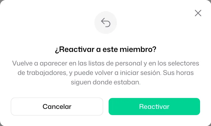 La ventana «¿Reactivar a este miembro?» con el botón «Reactivar»