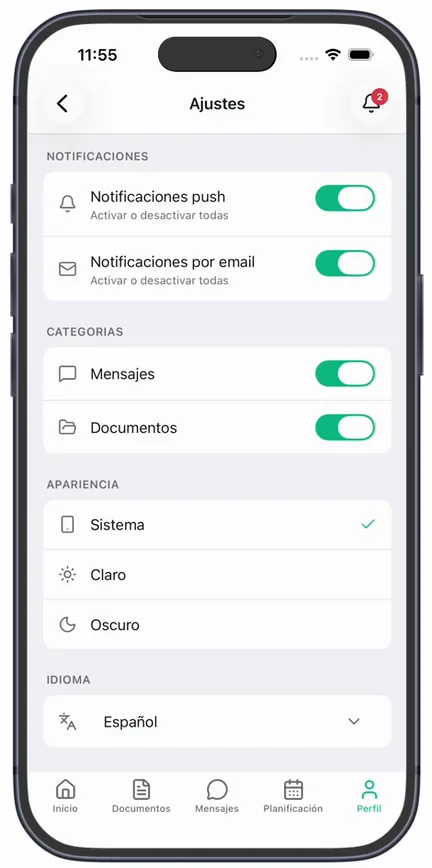 Los ajustes de la app, con los interruptores «Notificaciones push» y «Notificaciones por email» y, debajo, las «Categorías» que ve una cuenta de cliente: «Mensajes» y «Documentos»