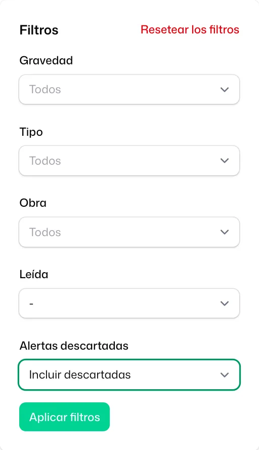 El panel «Filtros» de las alertas con «Incluir descartadas» elegido en «Alertas descartadas» y el botón «Aplicar filtros»