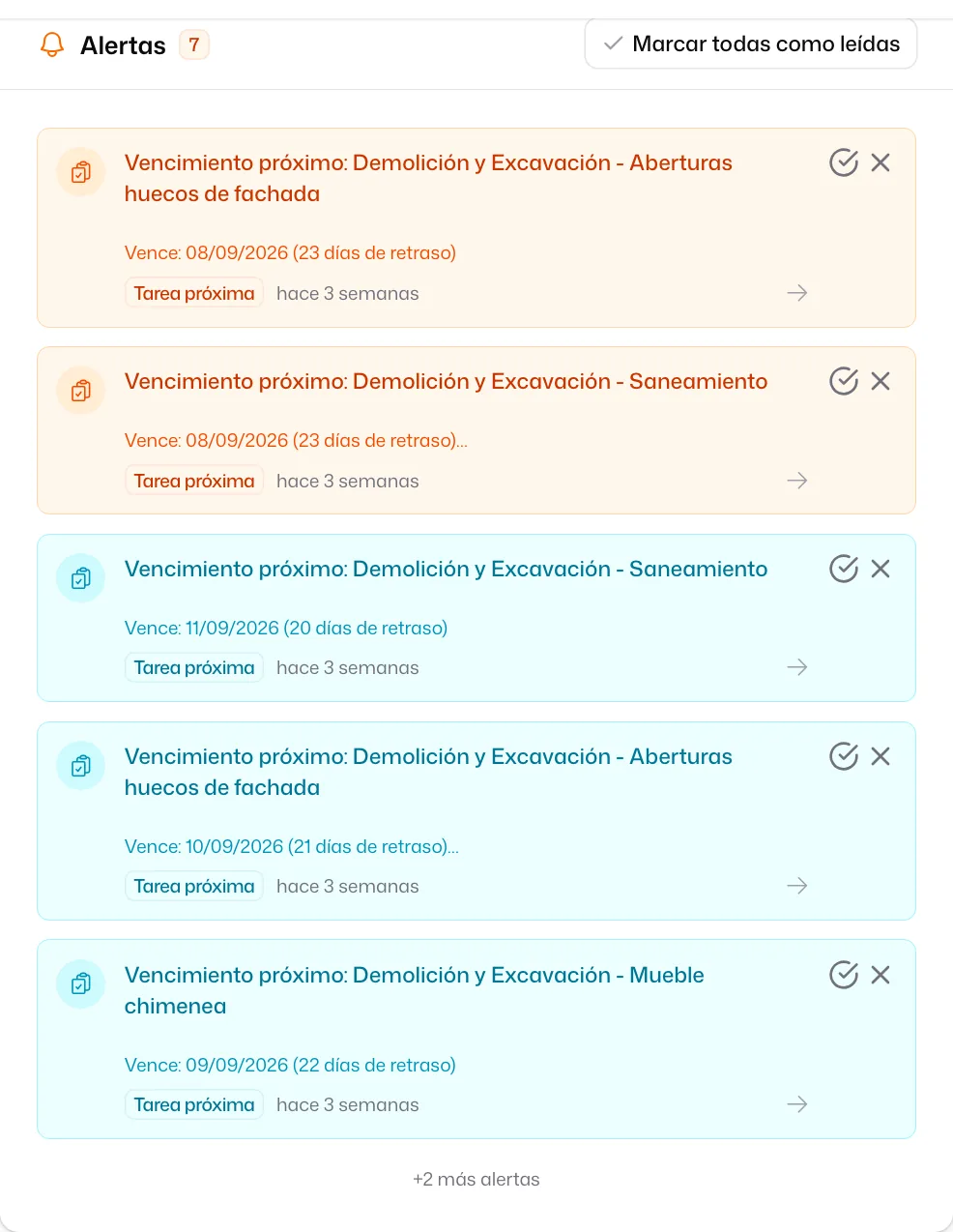 El bloque «Alertas» del Dashboard con sus alertas pendientes, cada una con su etiqueta «Tarea próxima», y el botón «Marcar todas como leídas»